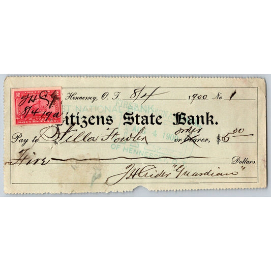 Hennessey, OK Territorial 1900 Bank Check "Stella Fowler" w/ Tax Stamp
