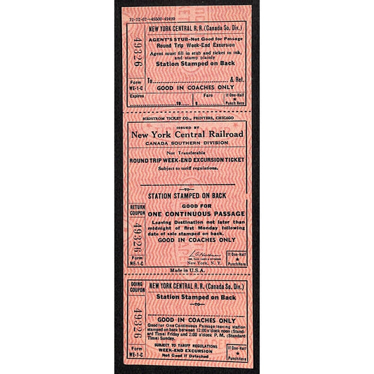 New York Central Railroad RR Canada Unused SAMPLE Excursion Ticket c1967 #49326