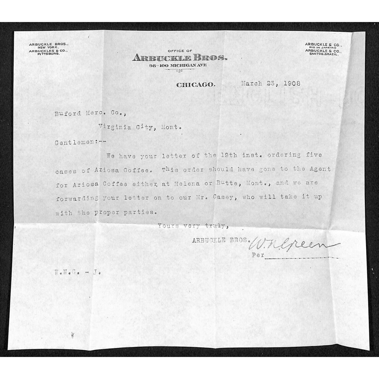 Arbuckle Bros. Chicago, IL (Coffee) 1908 Letterhead *Buford, Virginia City, VA