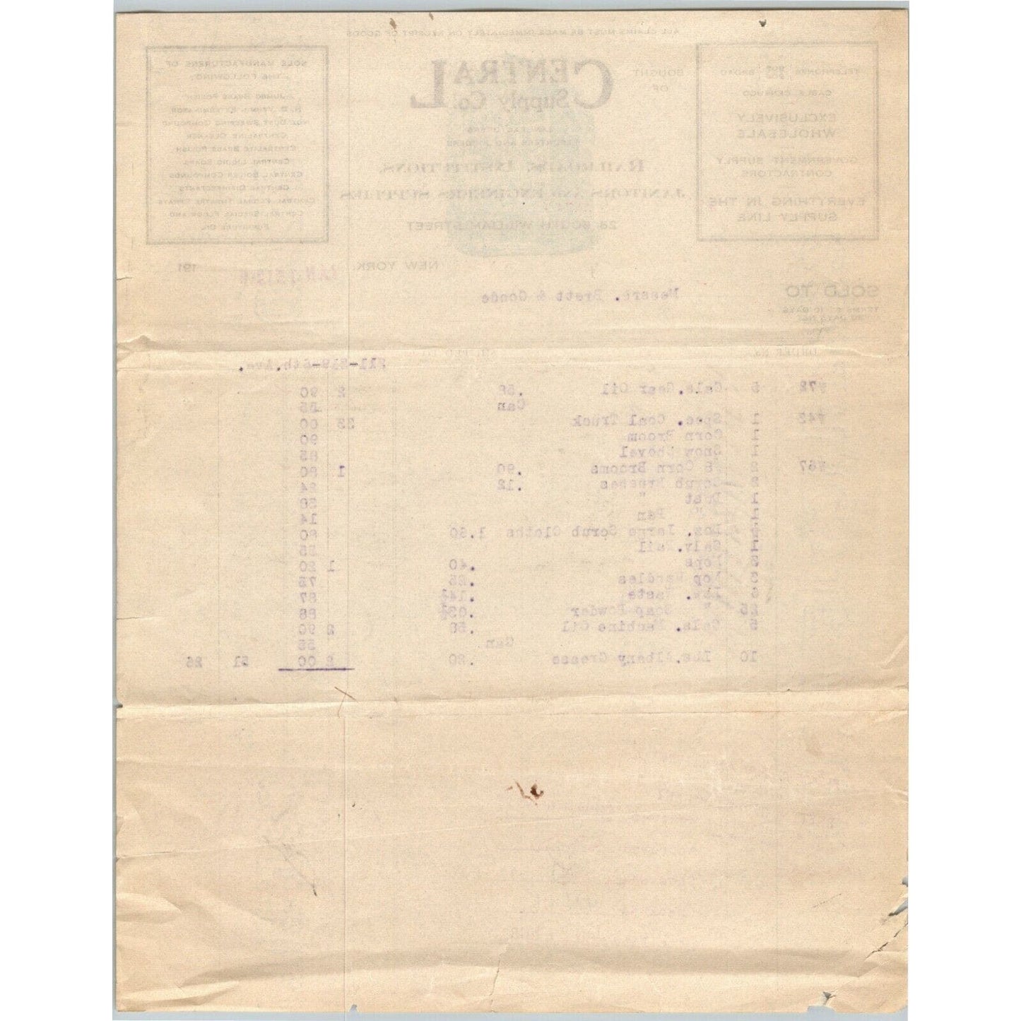1918 Central Supply Co. Soap Brass Polish Billhead Letterhead South William NYC