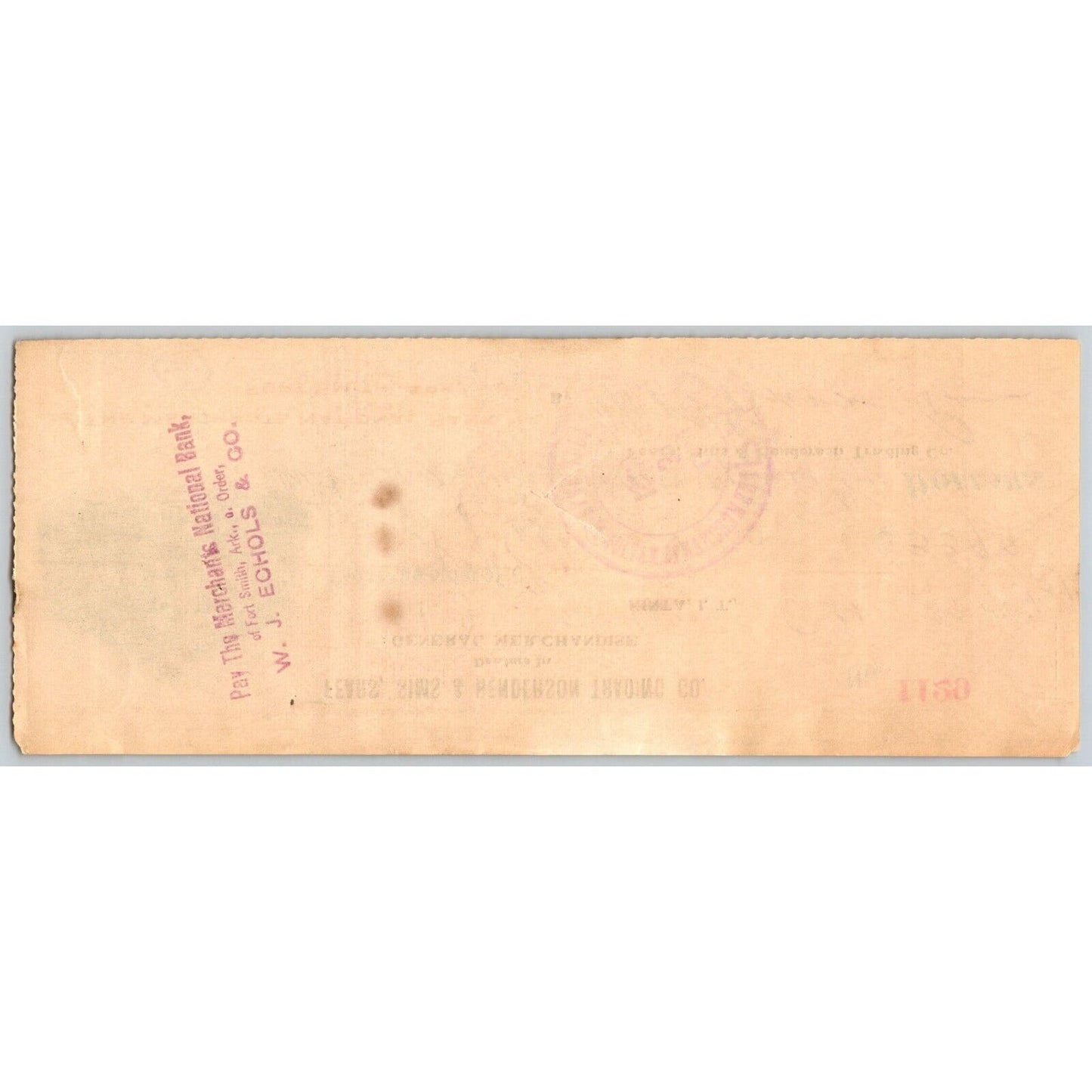 Kinta, Oklahoma Indian 1907 Territory Fears, Sims & Henderson Trading Bank Check
