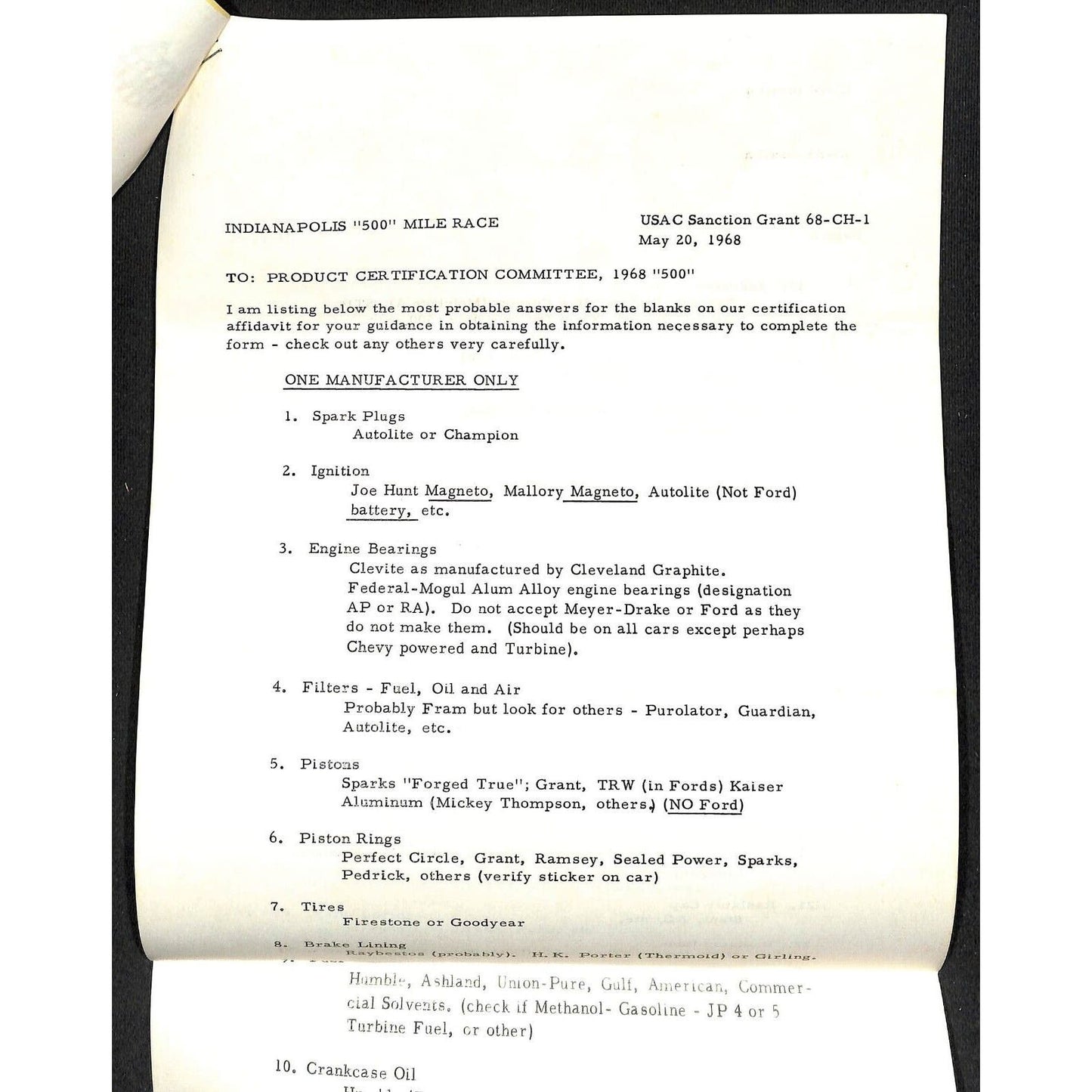 1967 Indy 500 Indianapolis Motor Speedway D-A Garage Area Sheet +3pp USAC Letter