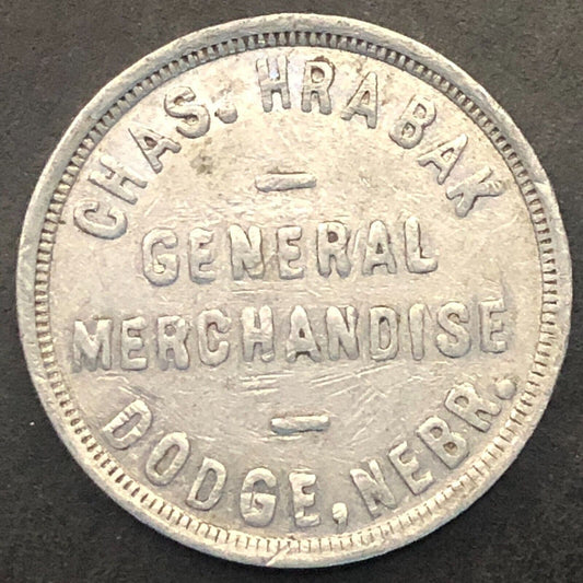 Dodge, NE Chas. Hrabak Gen. Mdse. G/F 50¢ Alum. Trade Token c1900-1917 24mm