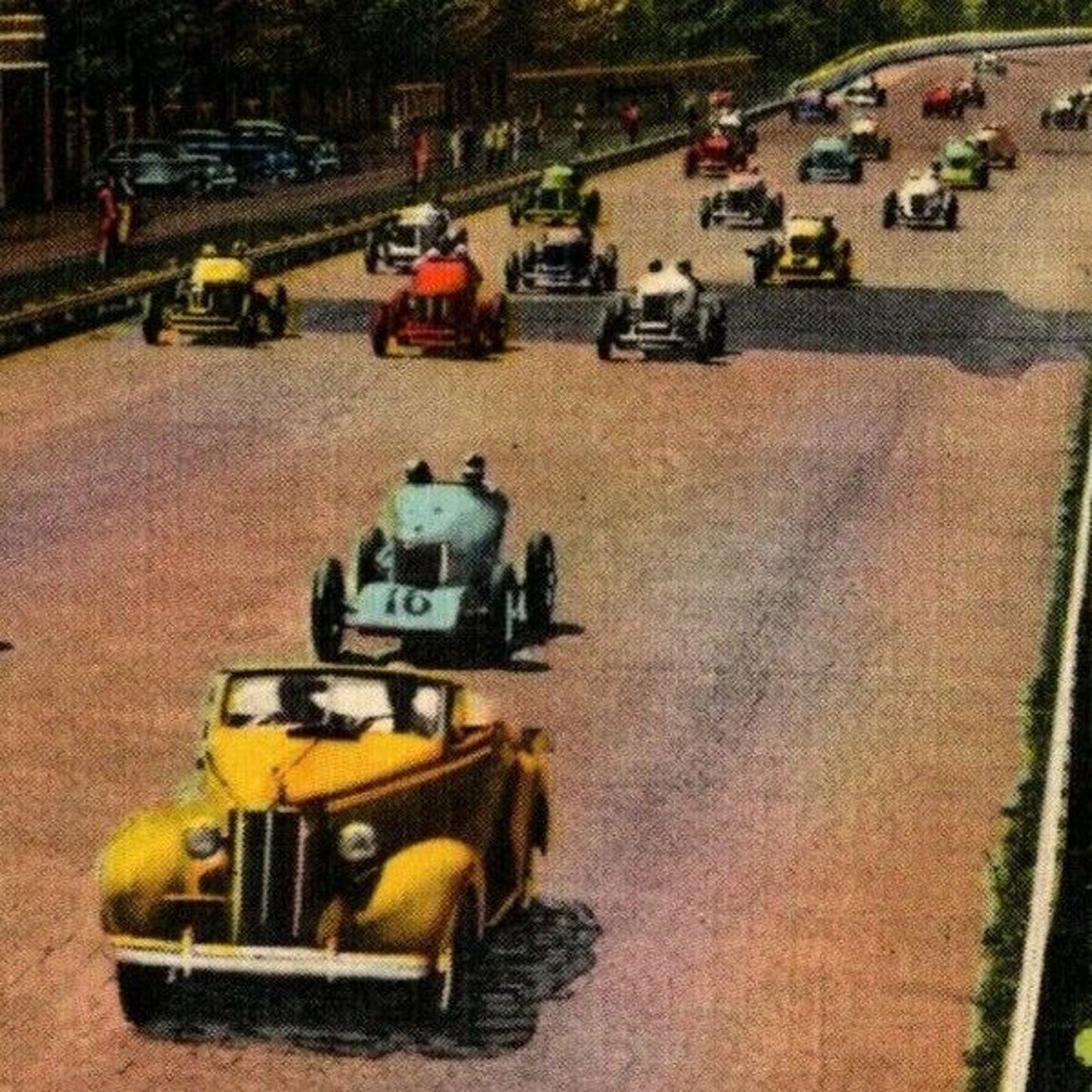 Indy 500 Linen Postcard 1937 "First Lap Coming Into North Turn" Posted 1943 VGC