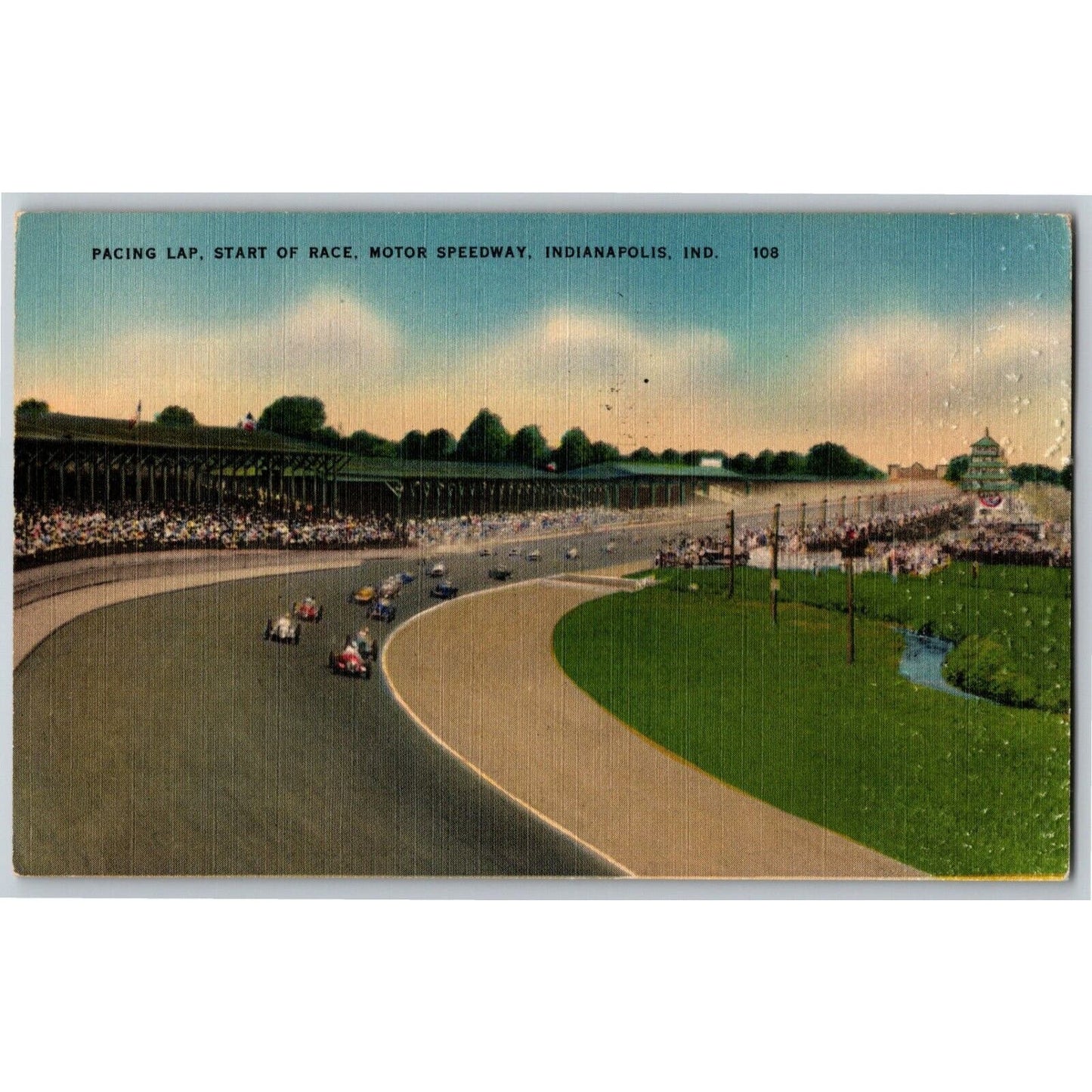 Indy 500 Linen Postcard 1941 "Pacing Lap, Start of Race.." Posted 1952