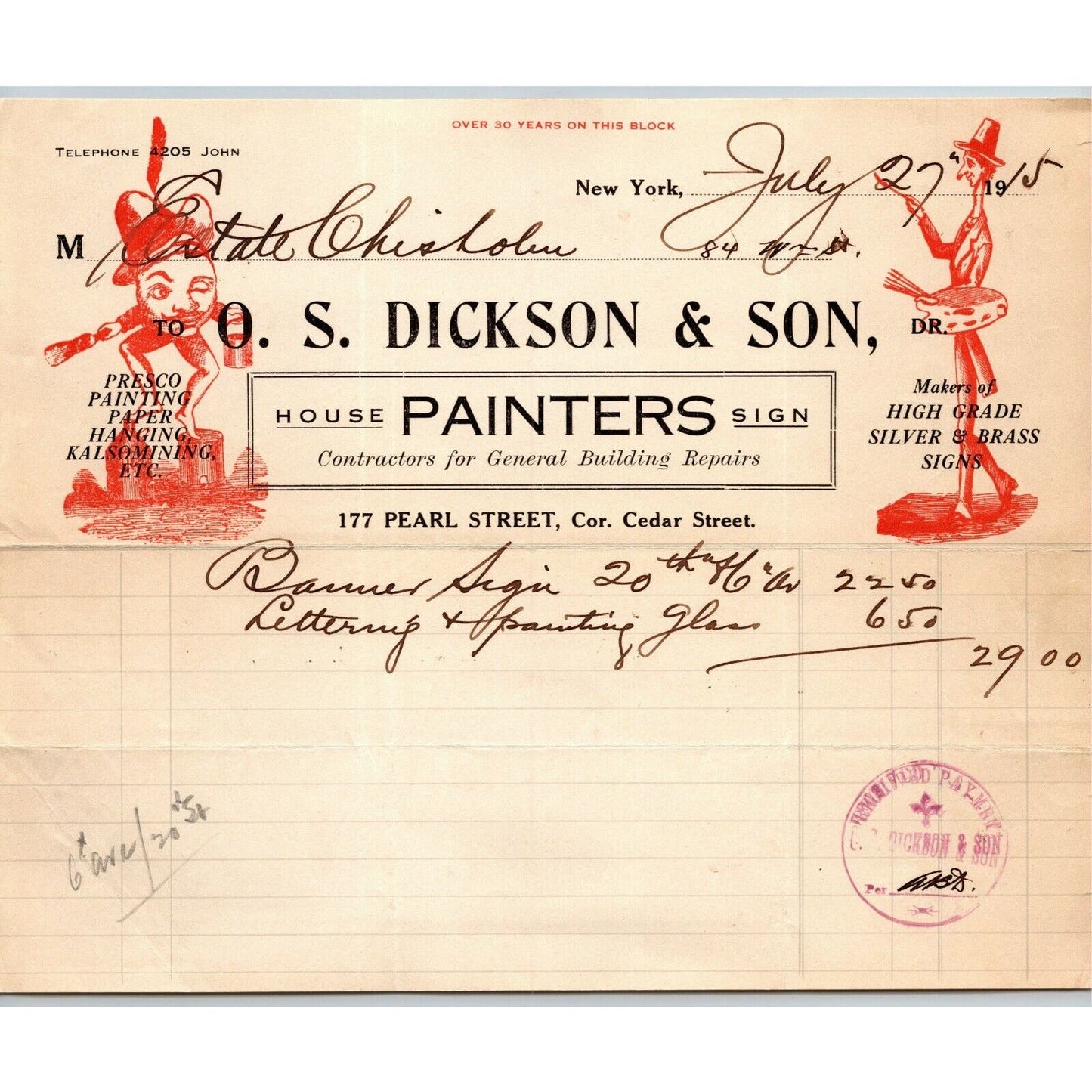 1915 "O. S. Dickson & Son Painter" House Sign Billhead Letterhead Pearl St. NYC