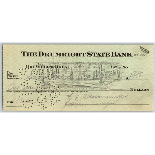 Drumright, OK 1924 State Bank Check w/ Oil Field Many Derricks Vignette - Scarce