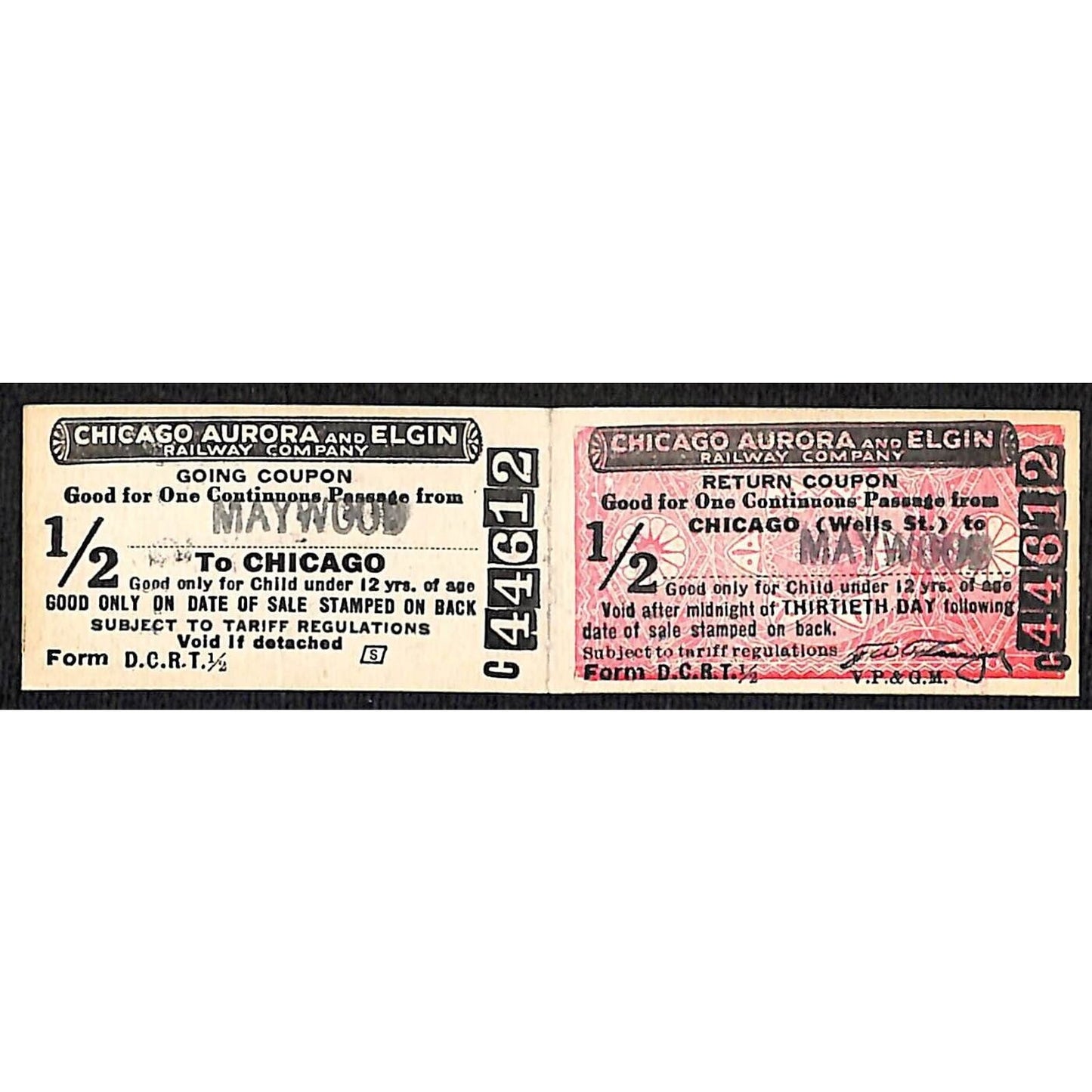 Chicago Aurora and Elgin 1902-57 2-way Attached Tickets Maywood