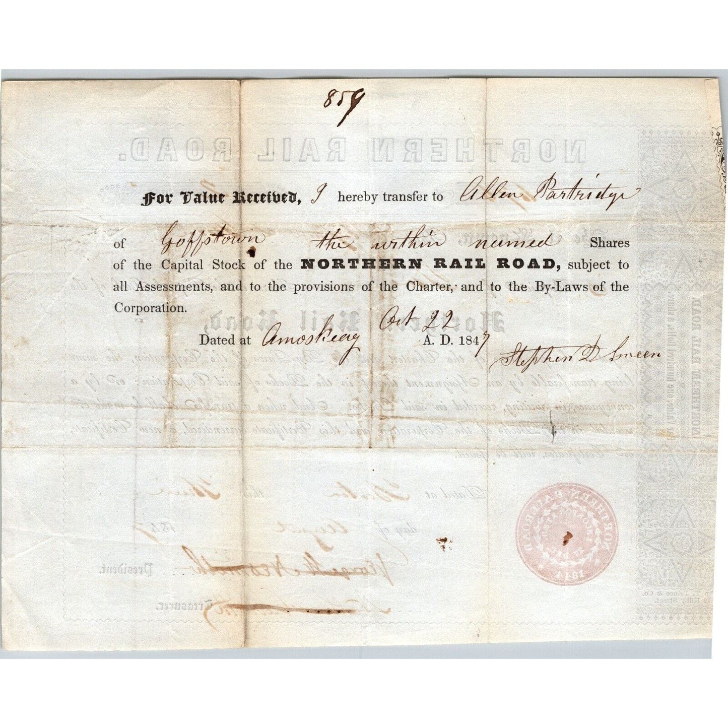 1847 Boston, MA Northern Railroad Stock Certificate No. 676 for 2 Shares