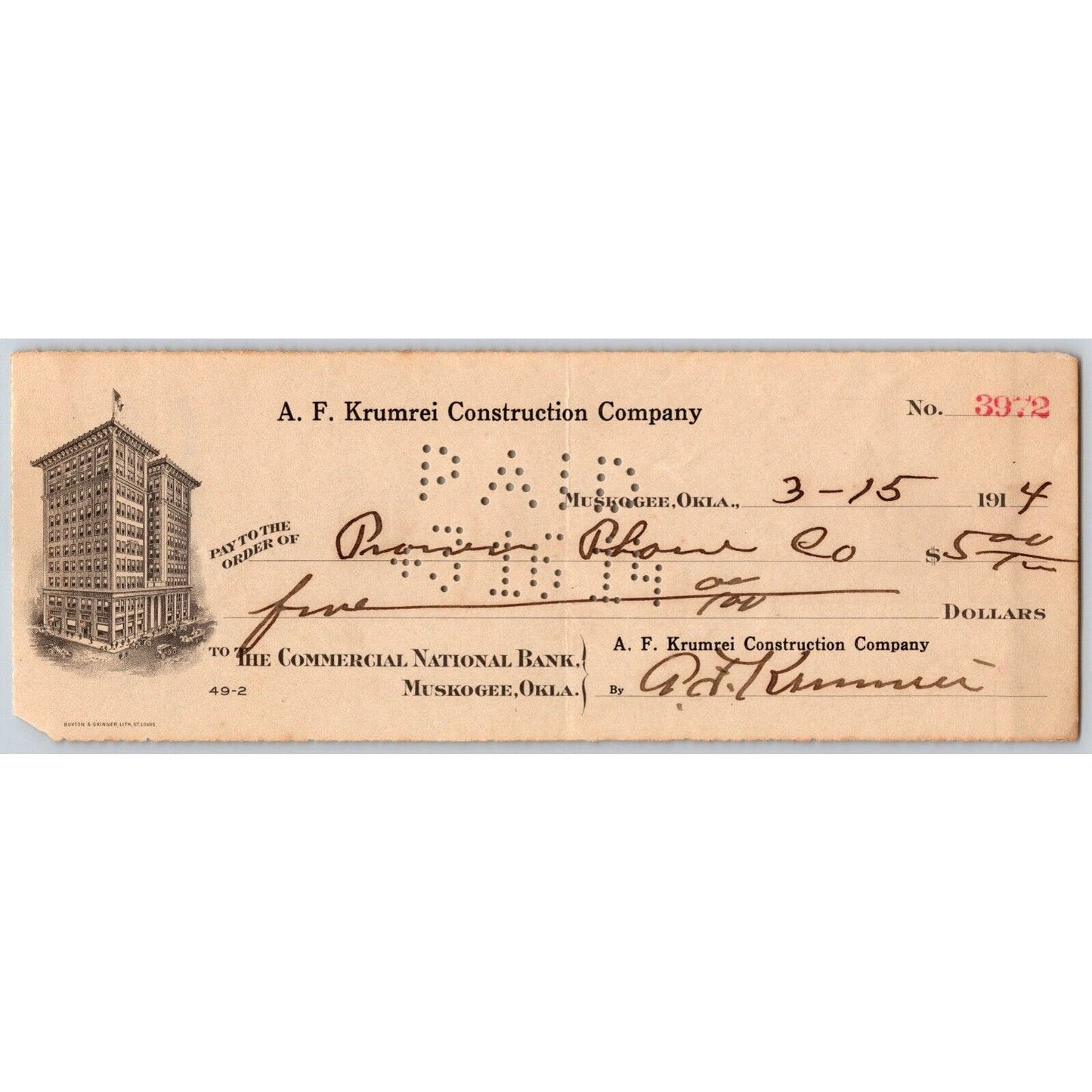 Muskogee, OK 1914 A.F. Krumrei Construction Co. Bank Check Vignette - Scarce