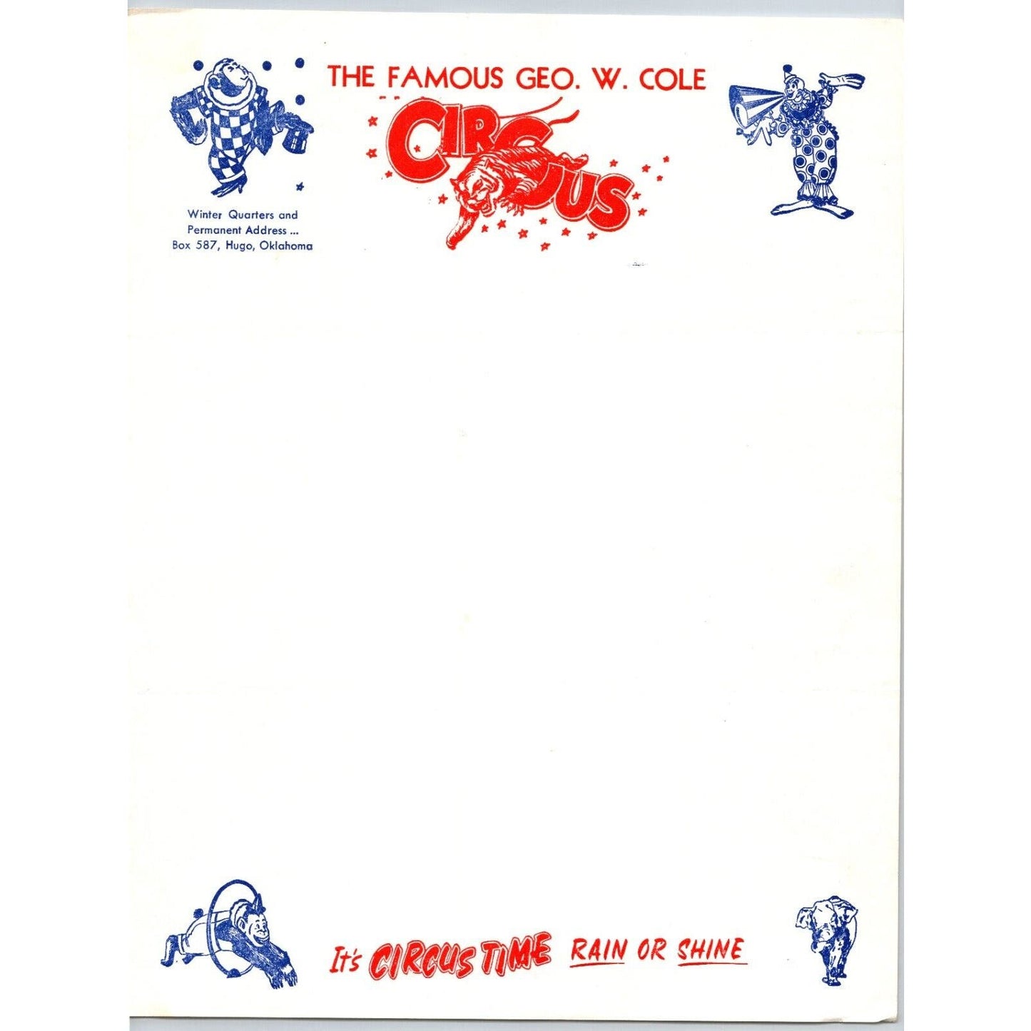 Famous Geo. W. Cole 3 Circus Letterhead c1960 Monkey Clown Scarce