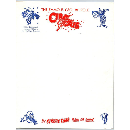 Famous Geo. W. Cole 3 Circus Letterhead c1960 Monkey Clown Scarce