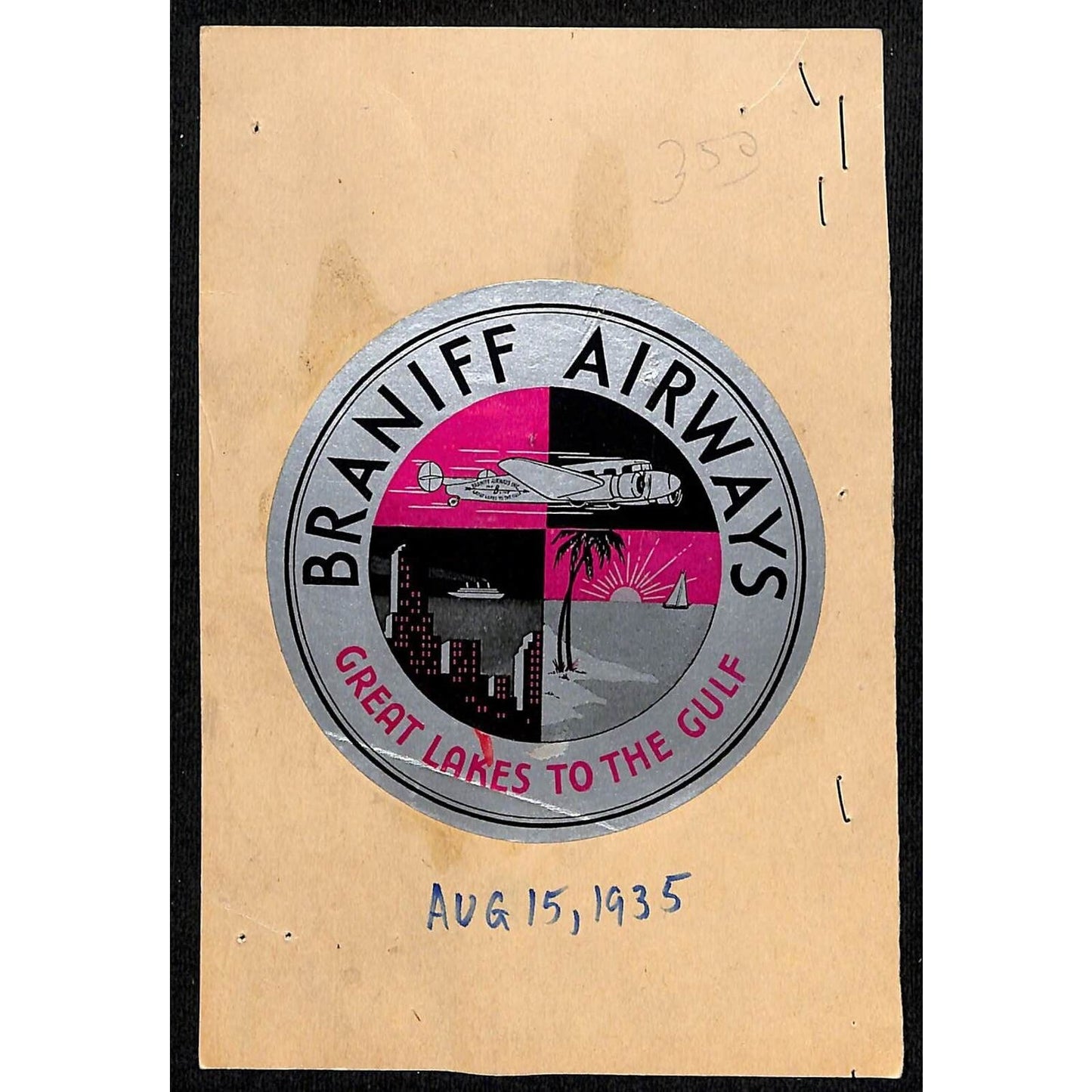 Braniff Airways Great Lakes to the Gulf Luggage Label - Affixed to Cardboard