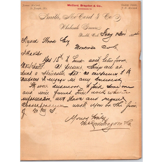 1884 McCord, Bragdon & Co / Smith / David Wood Transport Pueblo, CO Letterhead