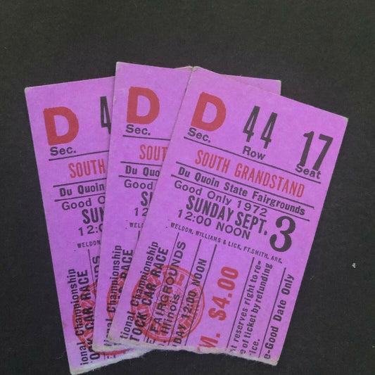3 1972 Du Quoin State Fair USAC 100 Mile Stock Car Race Ticket Stubs
