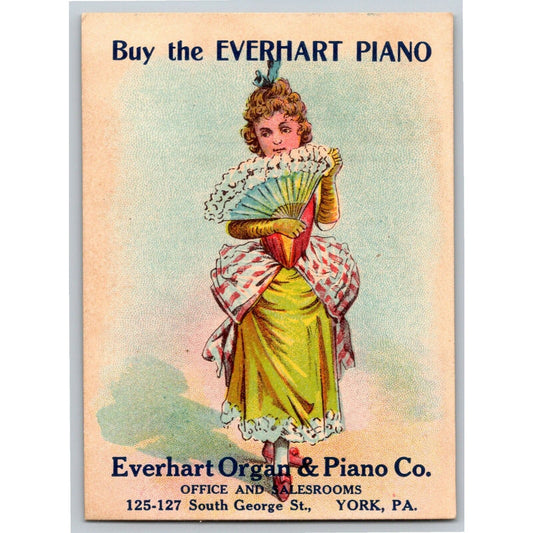 Everhart Organ & Piano York PA Victorian Trade Card Woman with Hand Fan