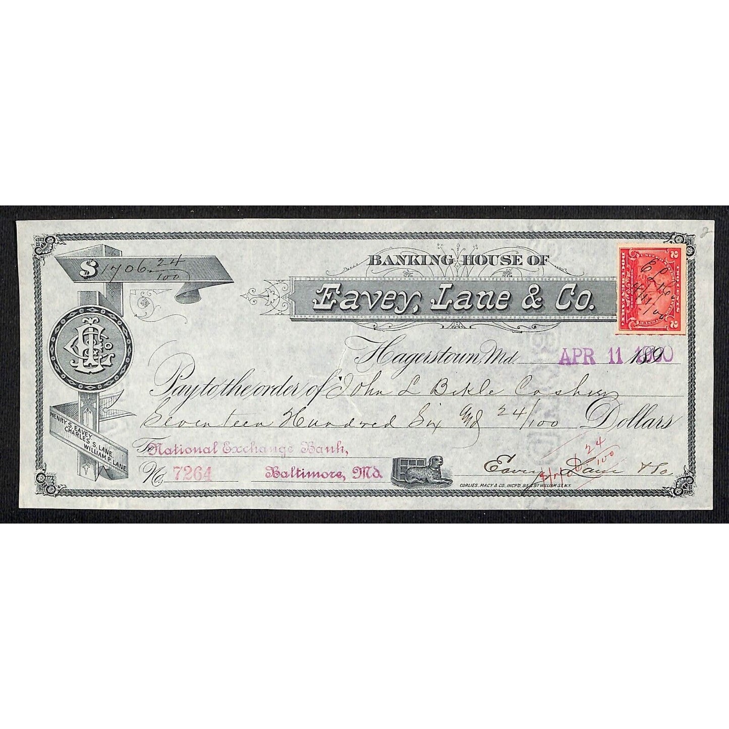 Hagerstown Eavey, Lane & Co Banking House Check 1890's/1900 w/ Rev. Stamp