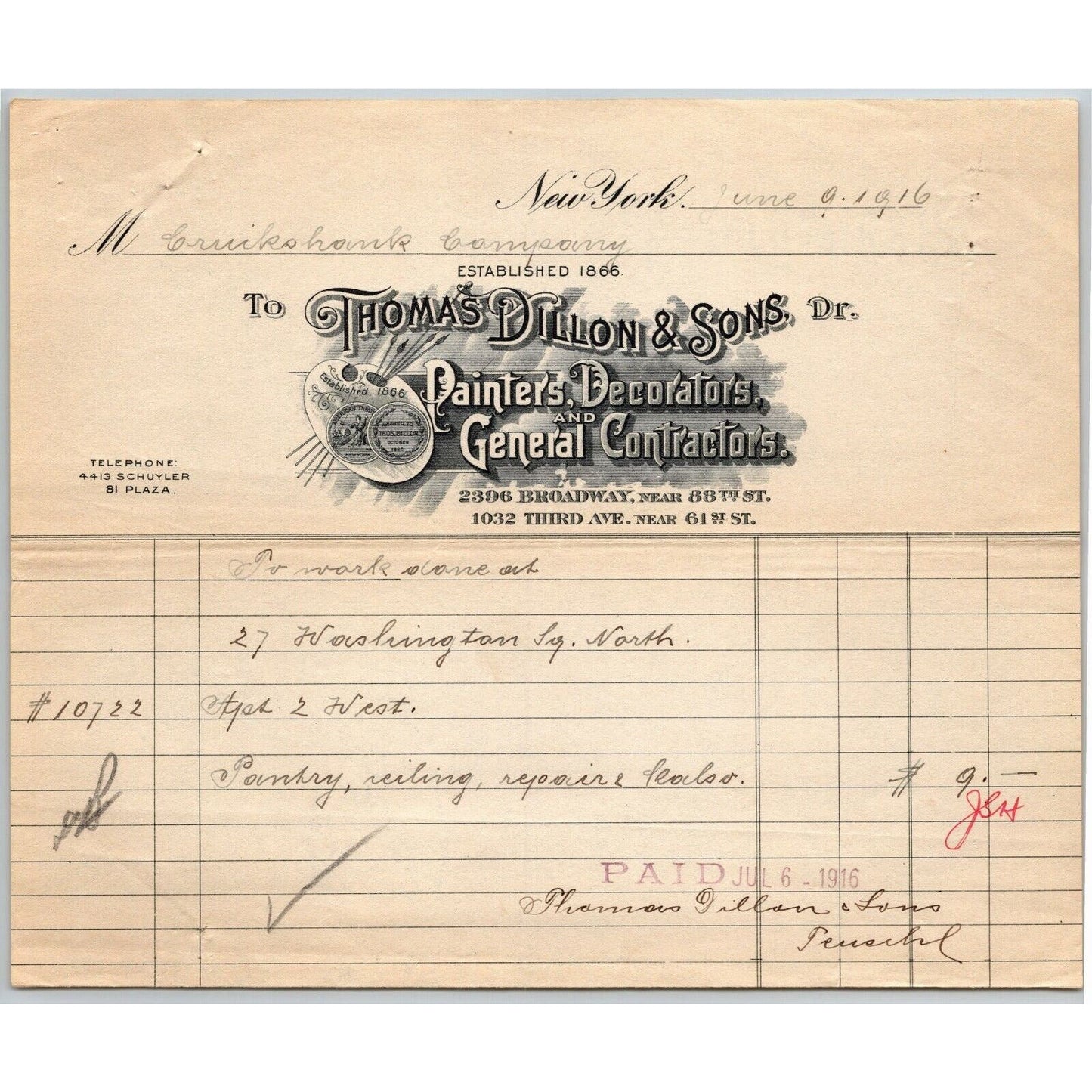 1916 "Thomas Dillon & Sons" General Contractors Billhead Letterhead 3rd Ave NYC
