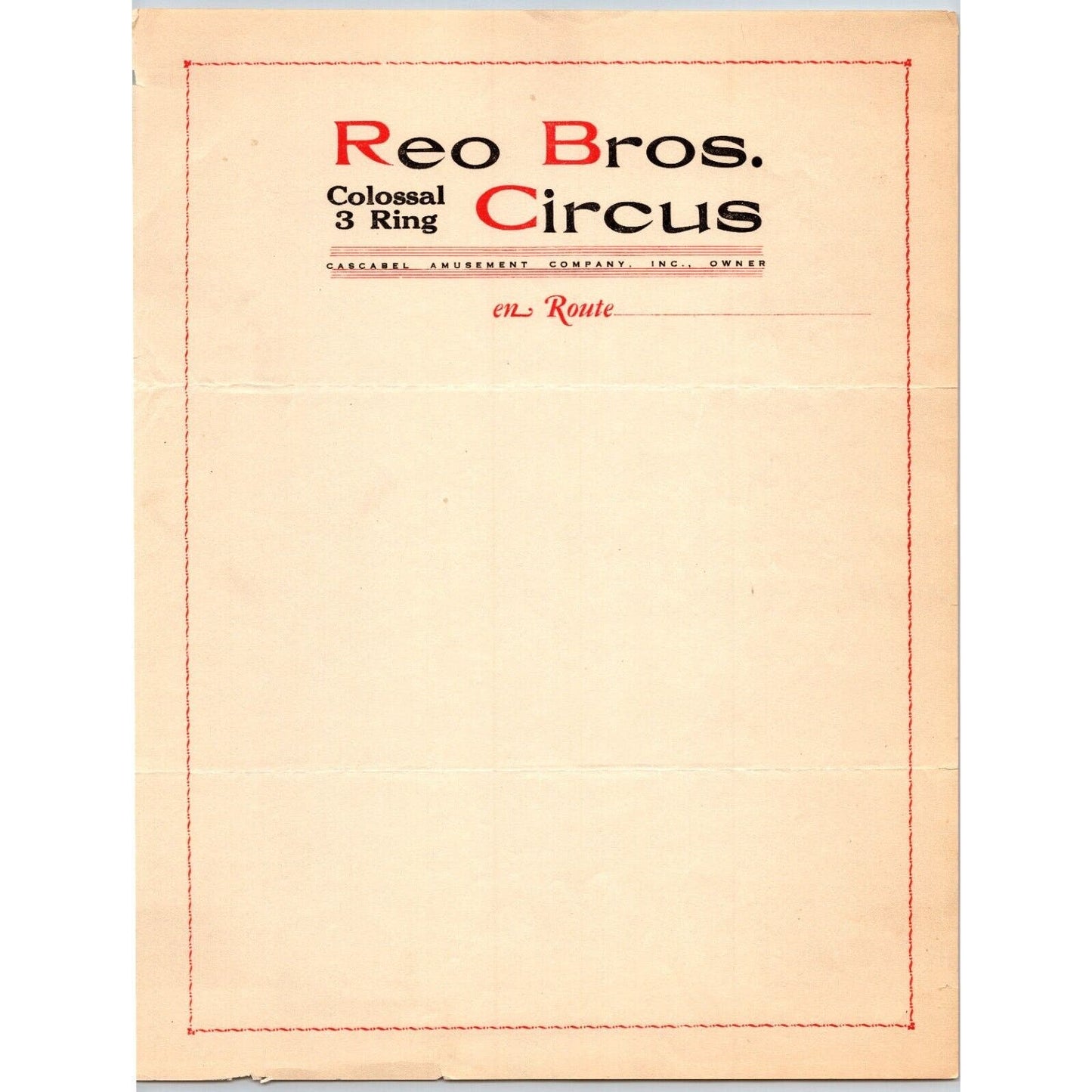 Reo Brothers Colossal 3 Ring Circus Letterhead c1936 Scarce