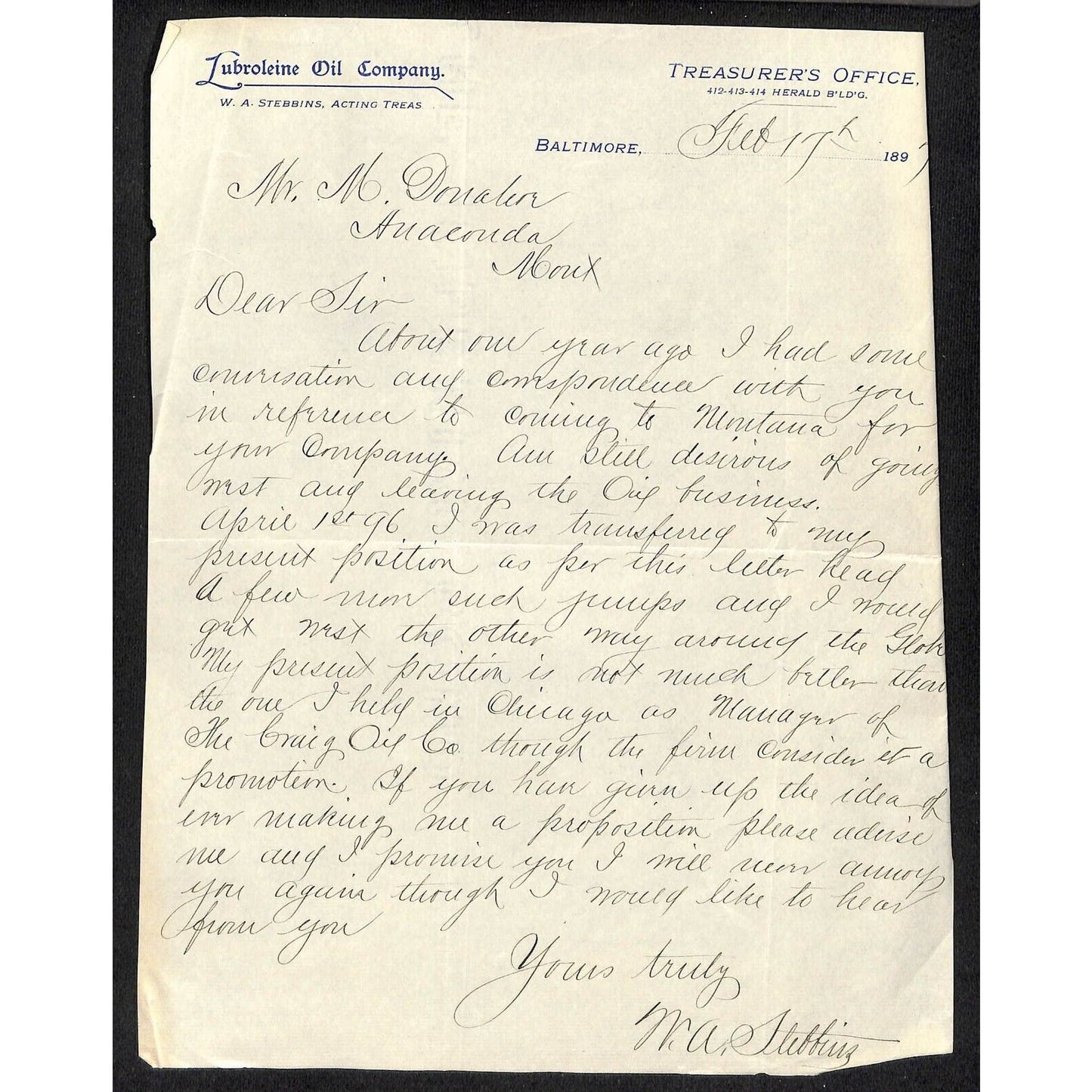 Baltimore Lubroleine Oil Co. 1897 Letterhead re: "..Leaving the Oil Business.."