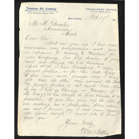 Baltimore Lubroleine Oil Co. 1897 Letterhead re: "..Leaving the Oil Business.."