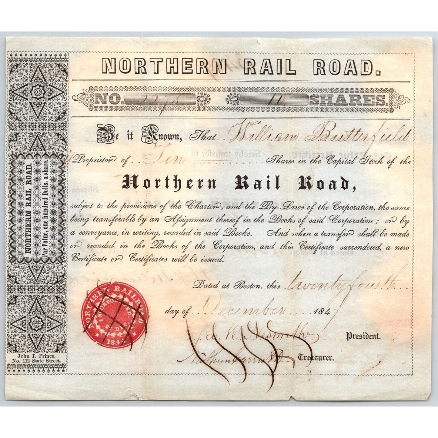 1847 Boston, MA Northern Railroad Stock Certificate No. 2275 for 10 Shares