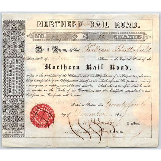 1847 Boston, MA Northern Railroad Stock Certificate No. 2275 for 10 Shares