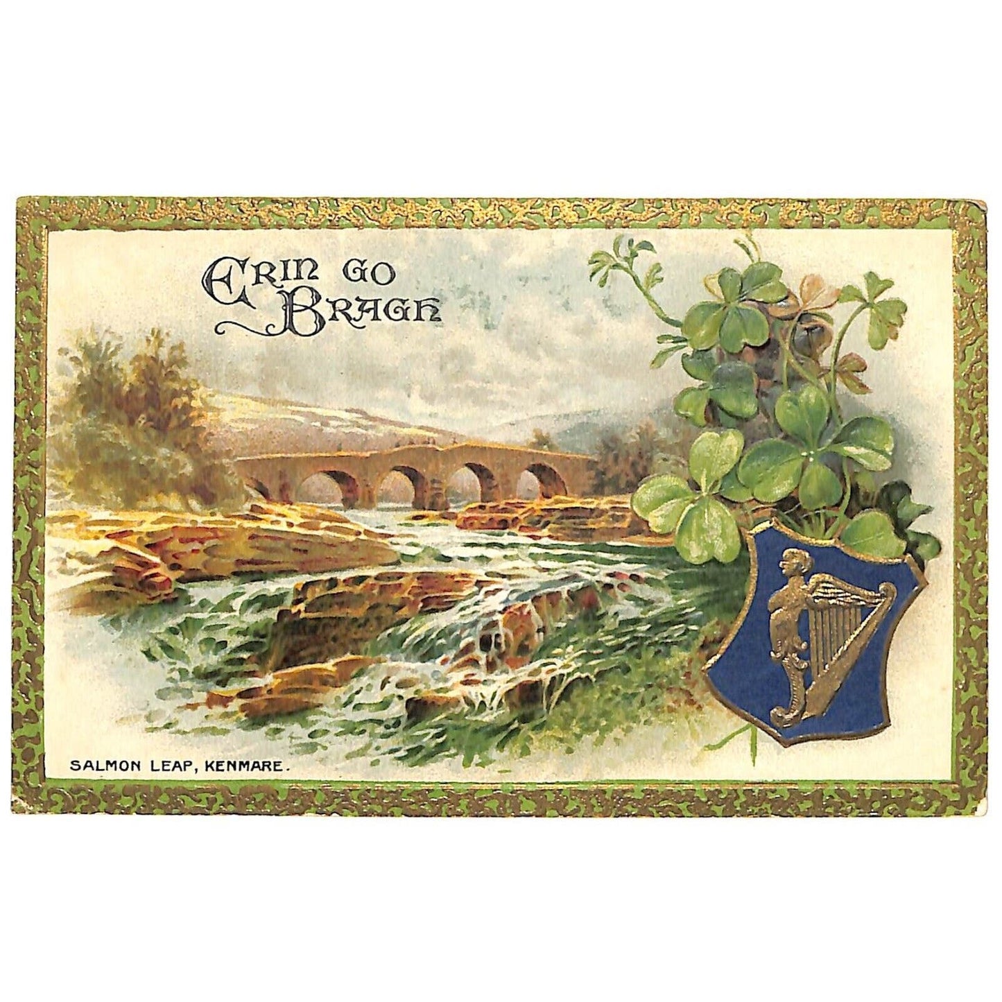 Ireland Postcard Erin Go Bragh Salmon Leap, Kenmare Embossed PM 1930