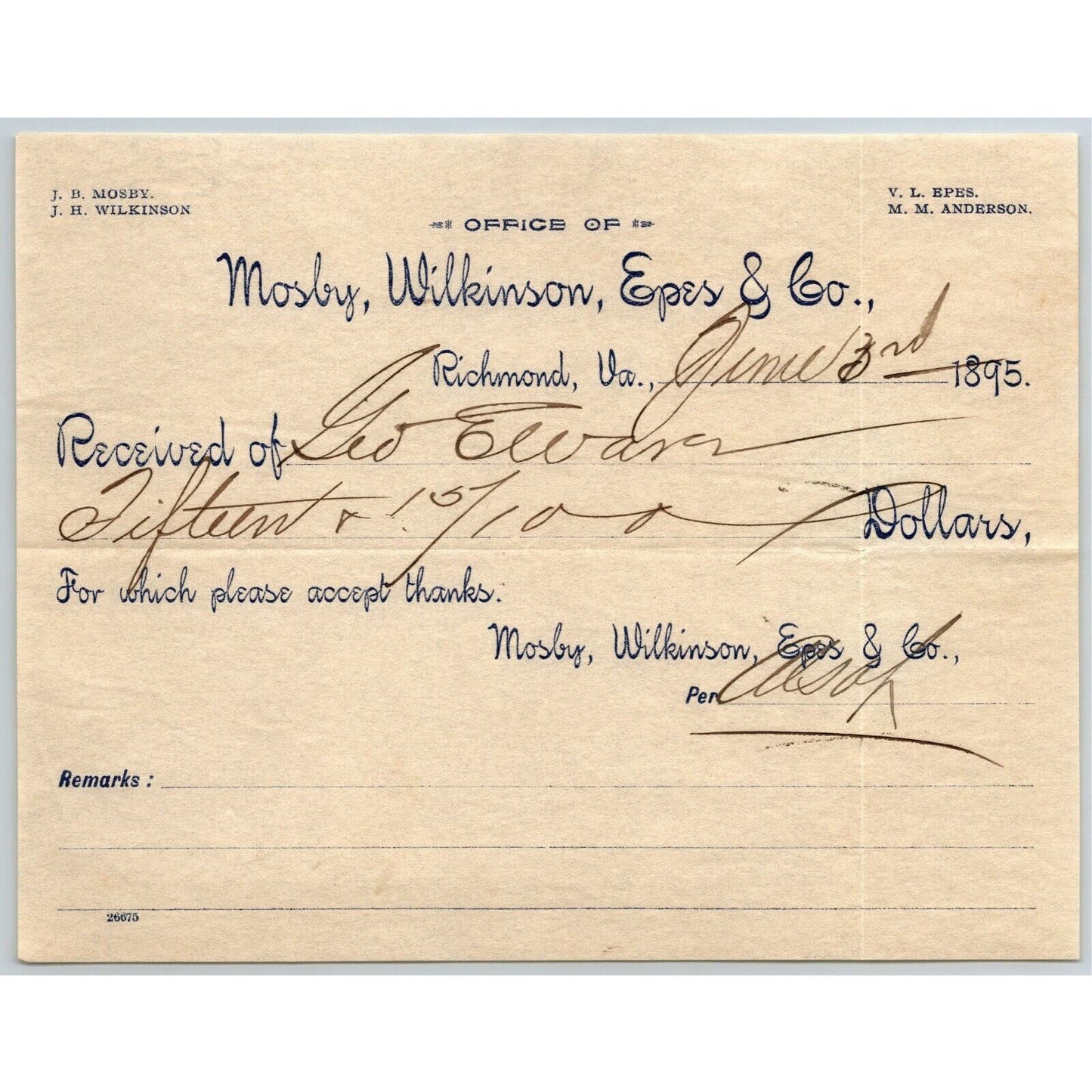 Mosby, Wilkinson, Epes & Co. Letterhead - Richmond, VA to: Geo. E. Wear c1895