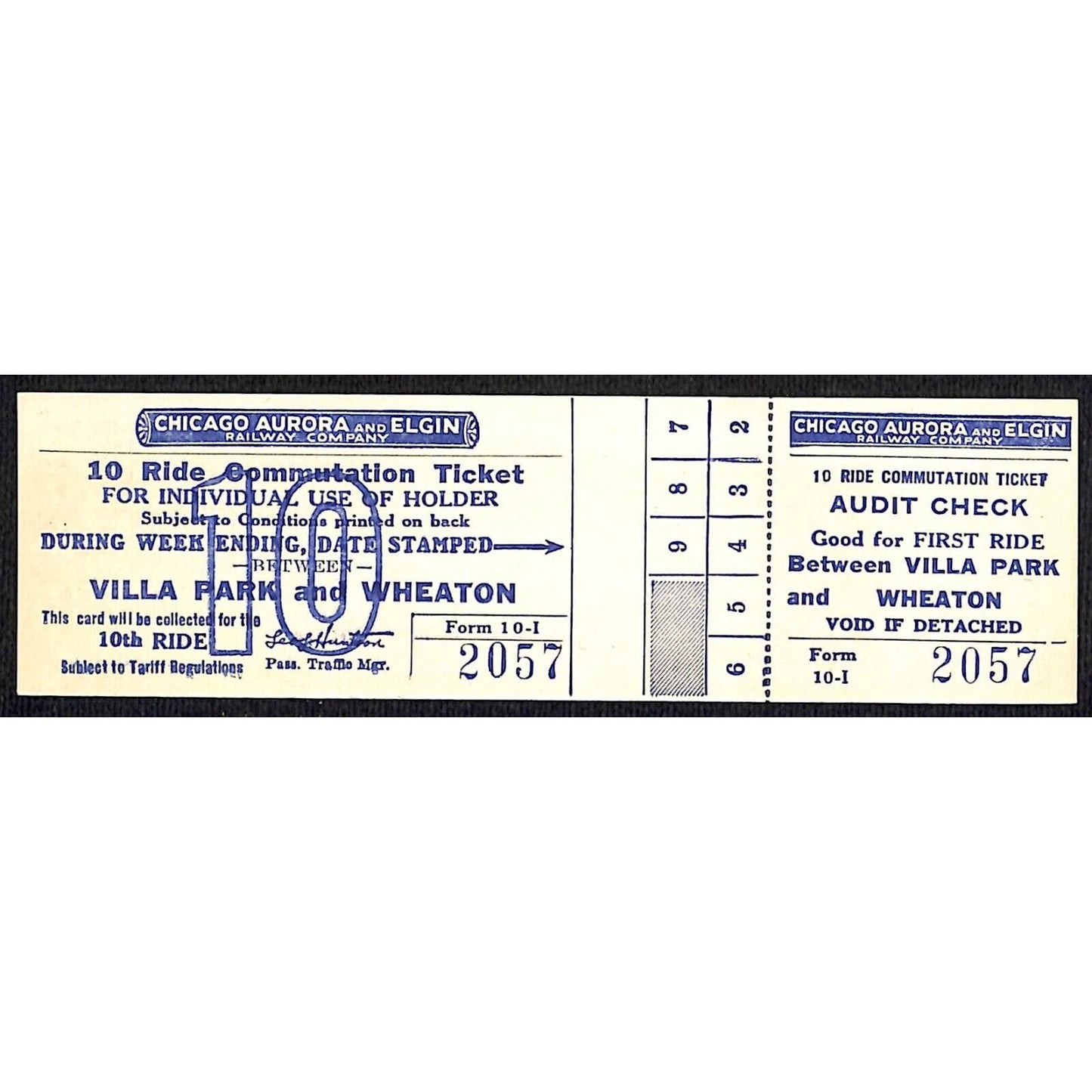 Chicago Aurora and Elgin Railway (1902-57) 10 Ride Ticket Villa Park / Wheaton