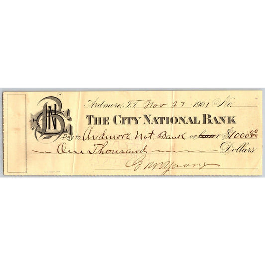 Ardmore, OK 1901 Indian Territory City National Bank Check $1000 - Scarce