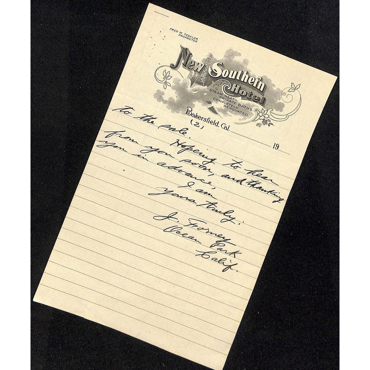 New Southern Hotel Bakersfield, CA 1913 Letterhead R.A. Rowan ALS Pool Room 2pp