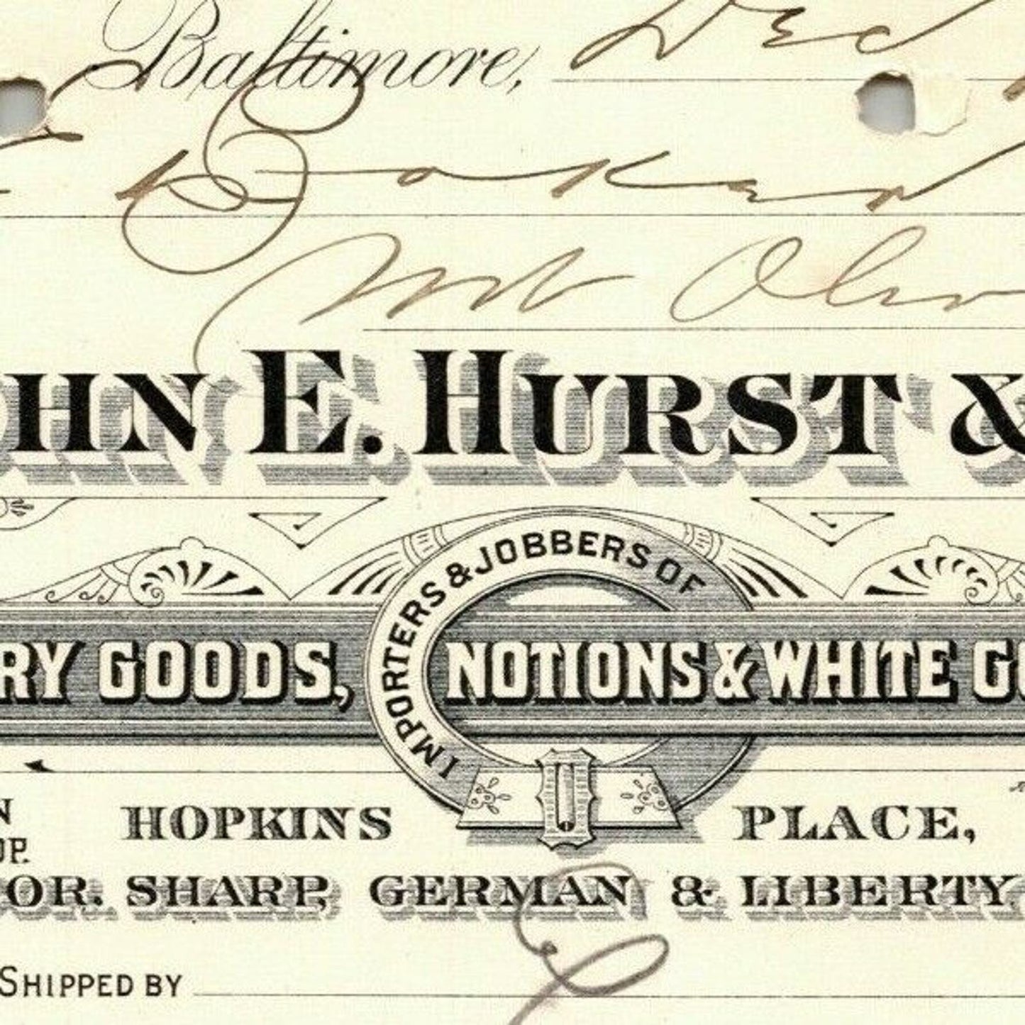 1898 Letterhead John E. Hurst Dry Goods Baltimore - Ephraim Baker*