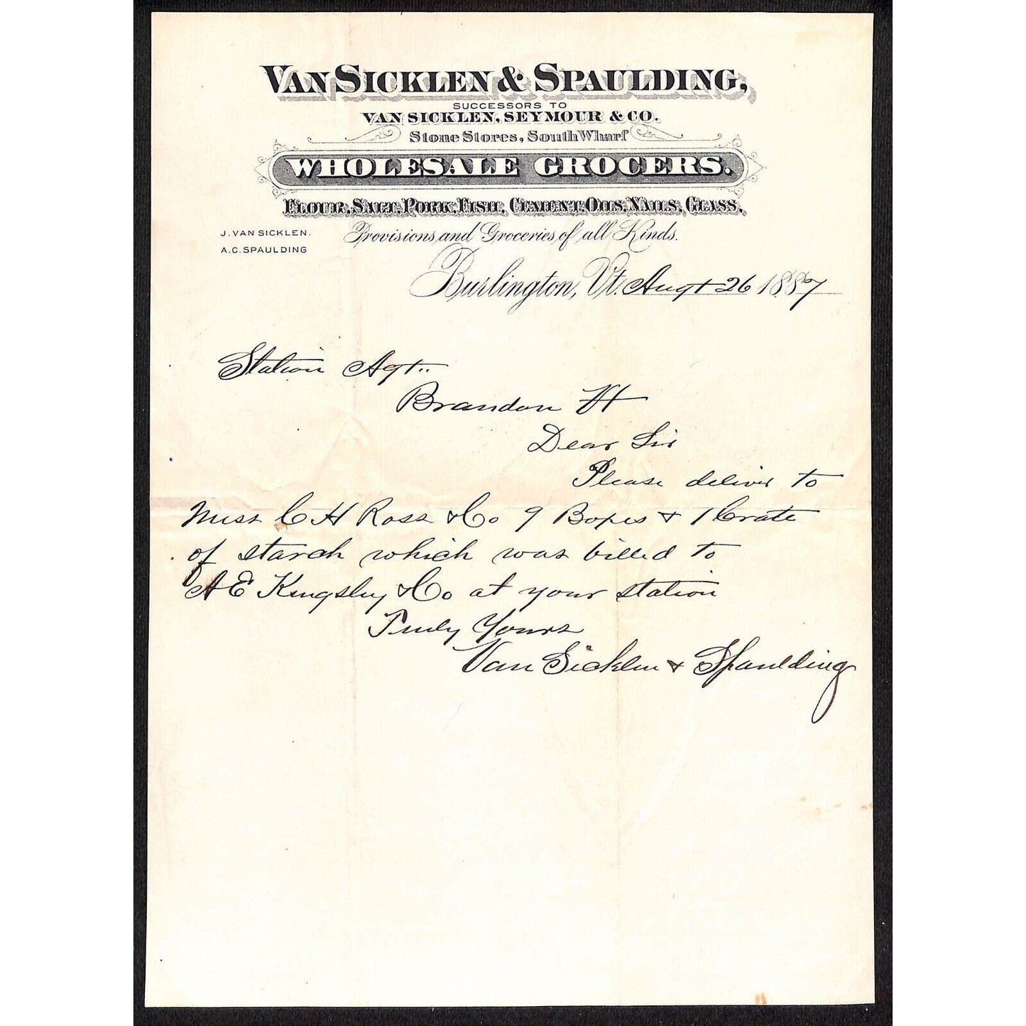 Burlington, VT 1867 Van Sicklen & Spaulding Wholesale Grocers Letterhead Scarce