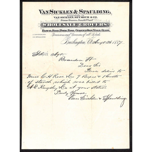 Burlington, VT 1867 Van Sicklen & Spaulding Wholesale Grocers Letterhead Scarce