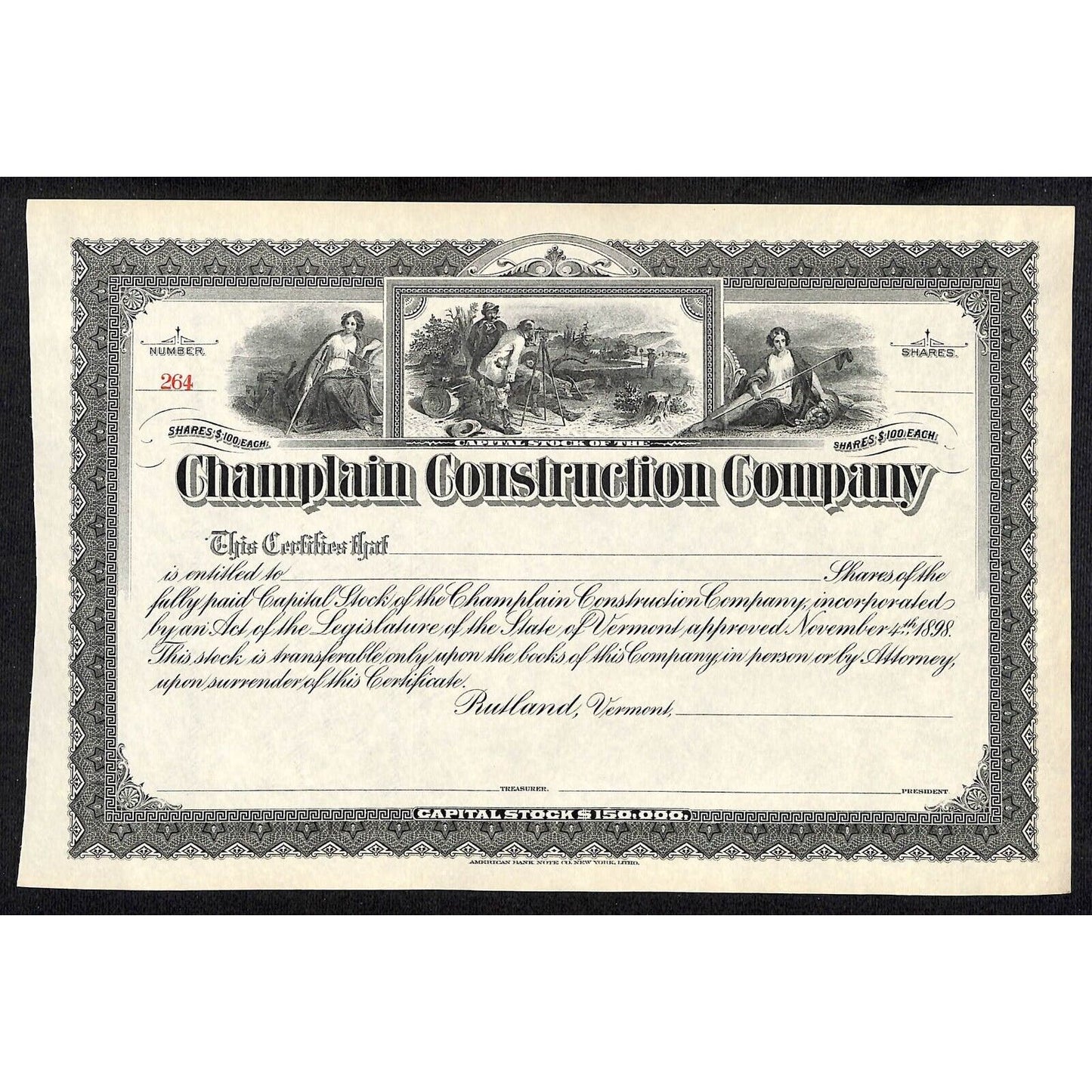 Champlain Construction Co. VT c1890's Stock Certificate (American Bank Note Co.)