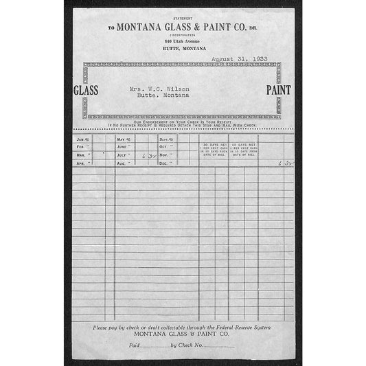 Montana Glass & Paint Montana Aug 1933 Billhead Letterhead - Wilson Drug