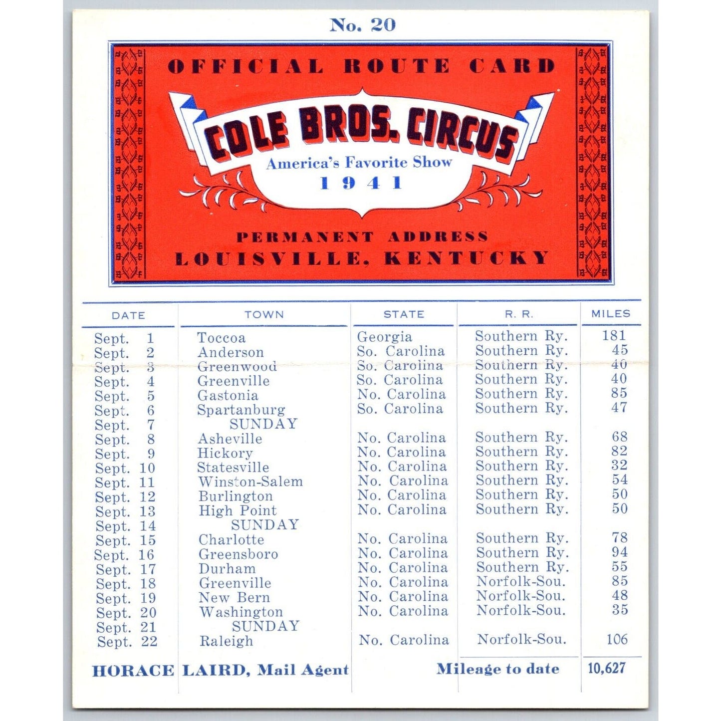 1941 Cole Bros Circus Route Card North South Carolina Georgia