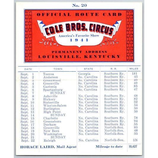 1941 Cole Bros Circus Route Card North South Carolina Georgia