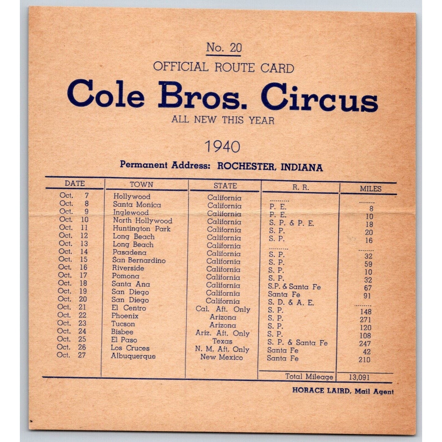 1940 Cole Bros Circus Route Card California Arizona Texas NM