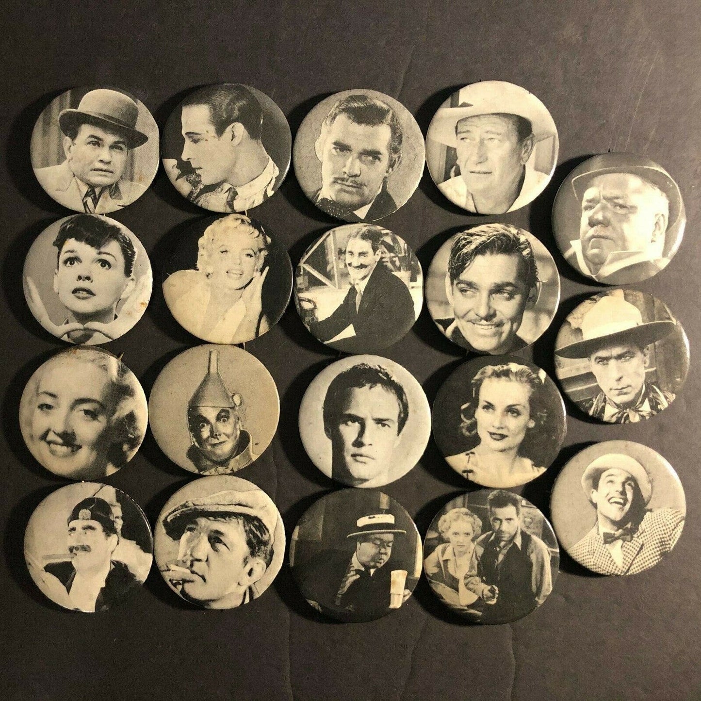 Group of 19 c1966-69 Sandy Val Graphics B&W 1920's-60's Movie Stars Pins Buttons