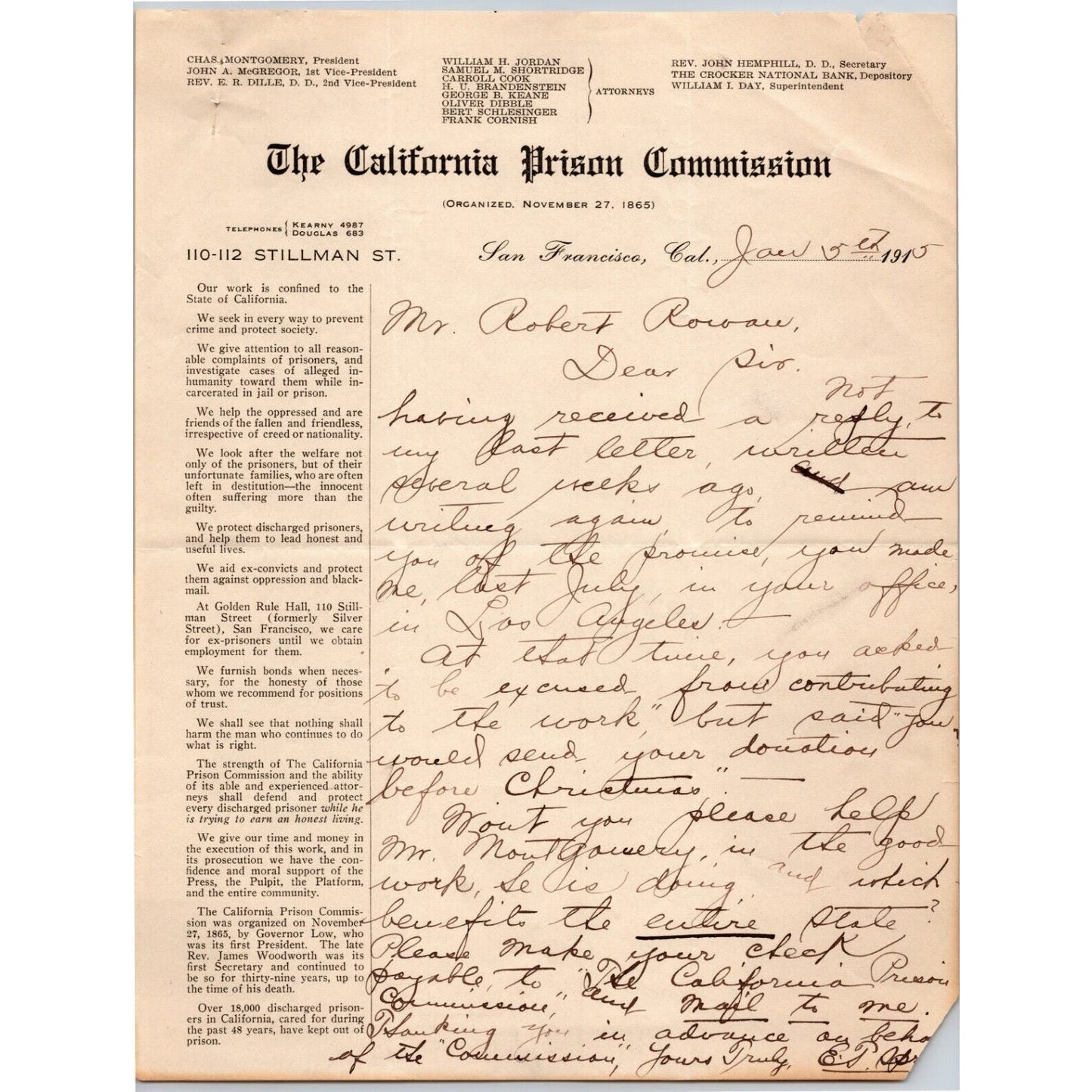 California Prison Commission 1915 Letterhead - R.A. Rowan re: Donation 2pp