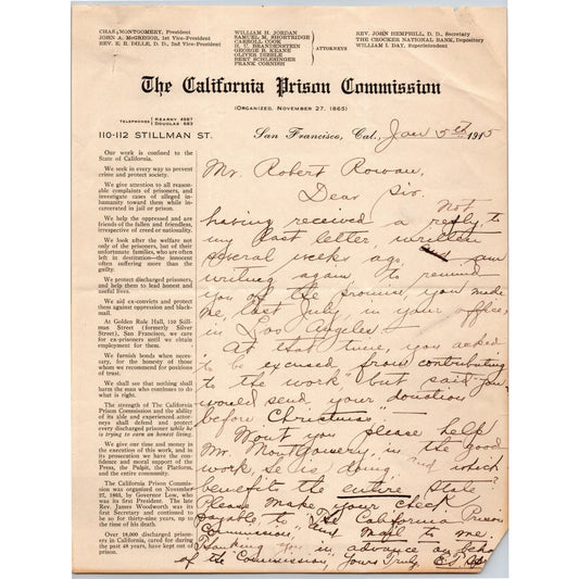 California Prison Commission 1915 Letterhead - R.A. Rowan re: Donation 2pp