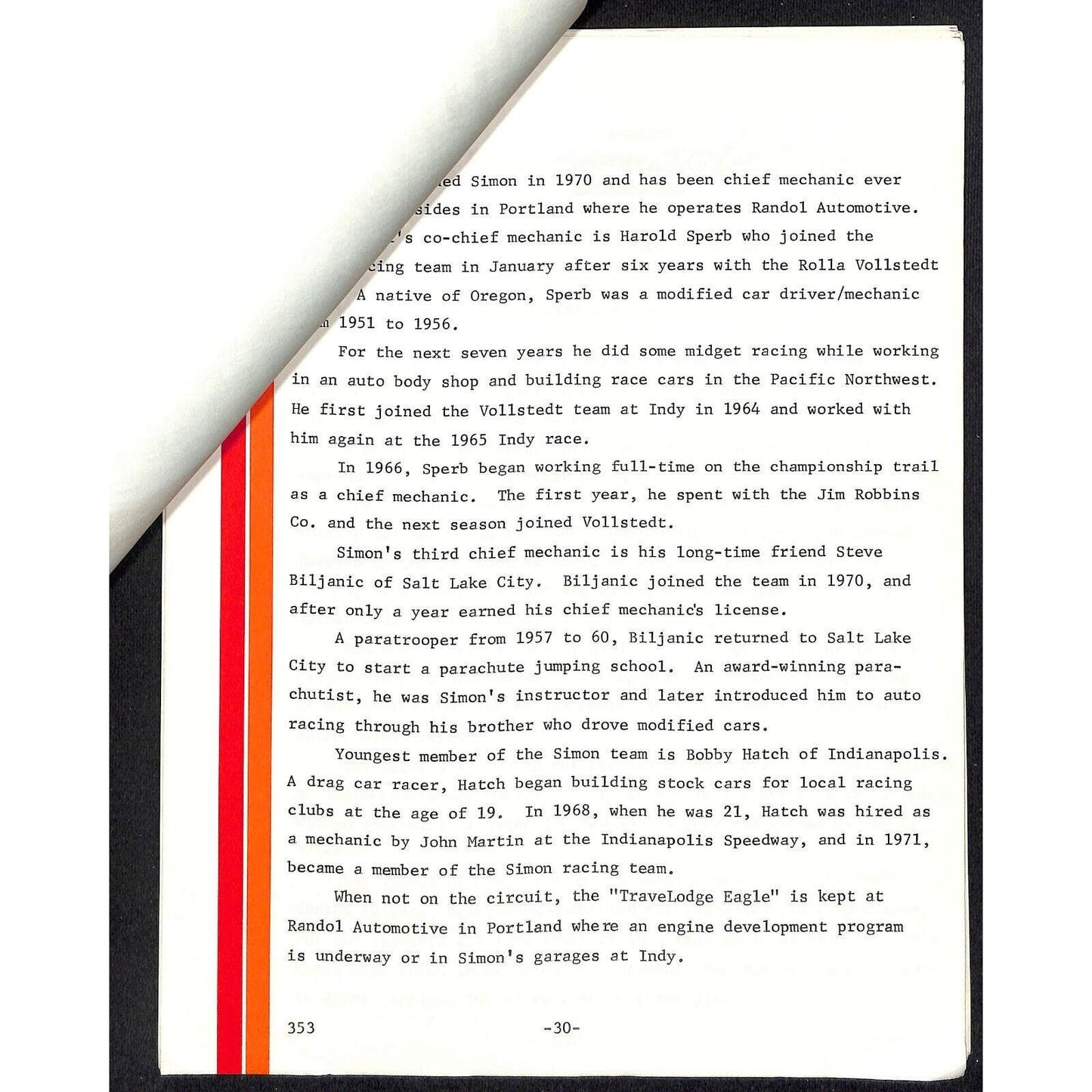 c1973 Dick Simon / TraveLodge Indy 500 Indianapolis Press Releases & Specs 12pp