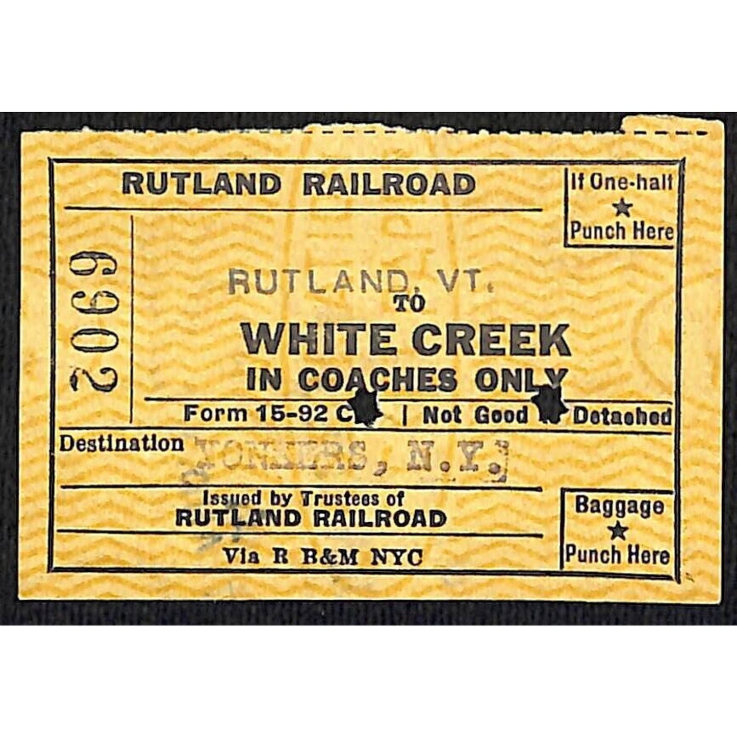 Rutland Railroad Ticket to White Creek via Yonkers, NY #6902