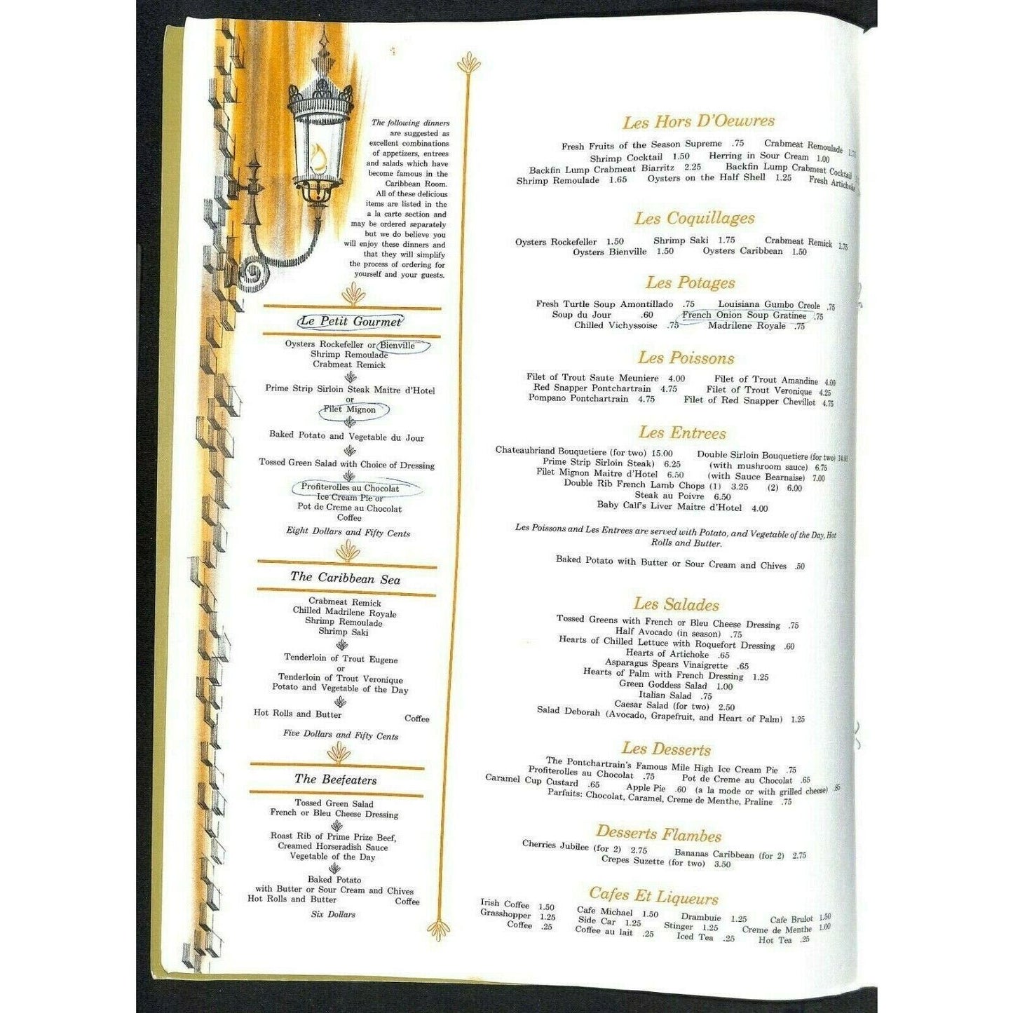 Ponchartrain Hotel Caribbean Room Menu c1960's Restaurant Dinner New Orleans