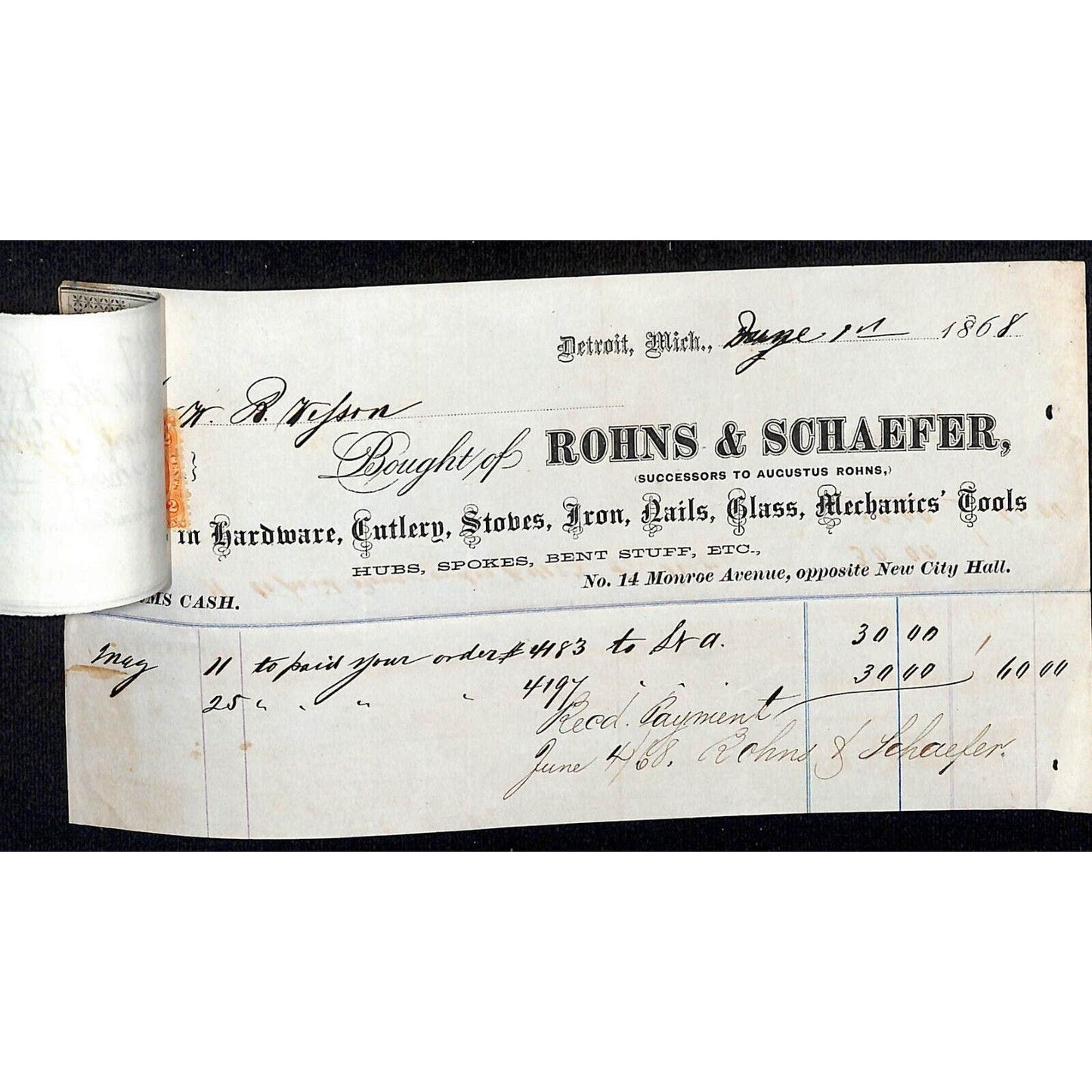 Detroit Letterhead Rons & Schaefer Hardware Cutlery Stoves 1868 w/ 2 Rev Stamps