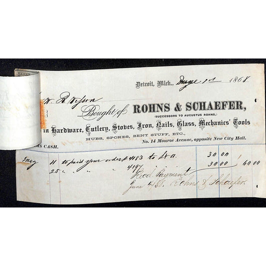 Detroit Letterhead Rons & Schaefer Hardware Cutlery Stoves 1868 w/ 2 Rev Stamps