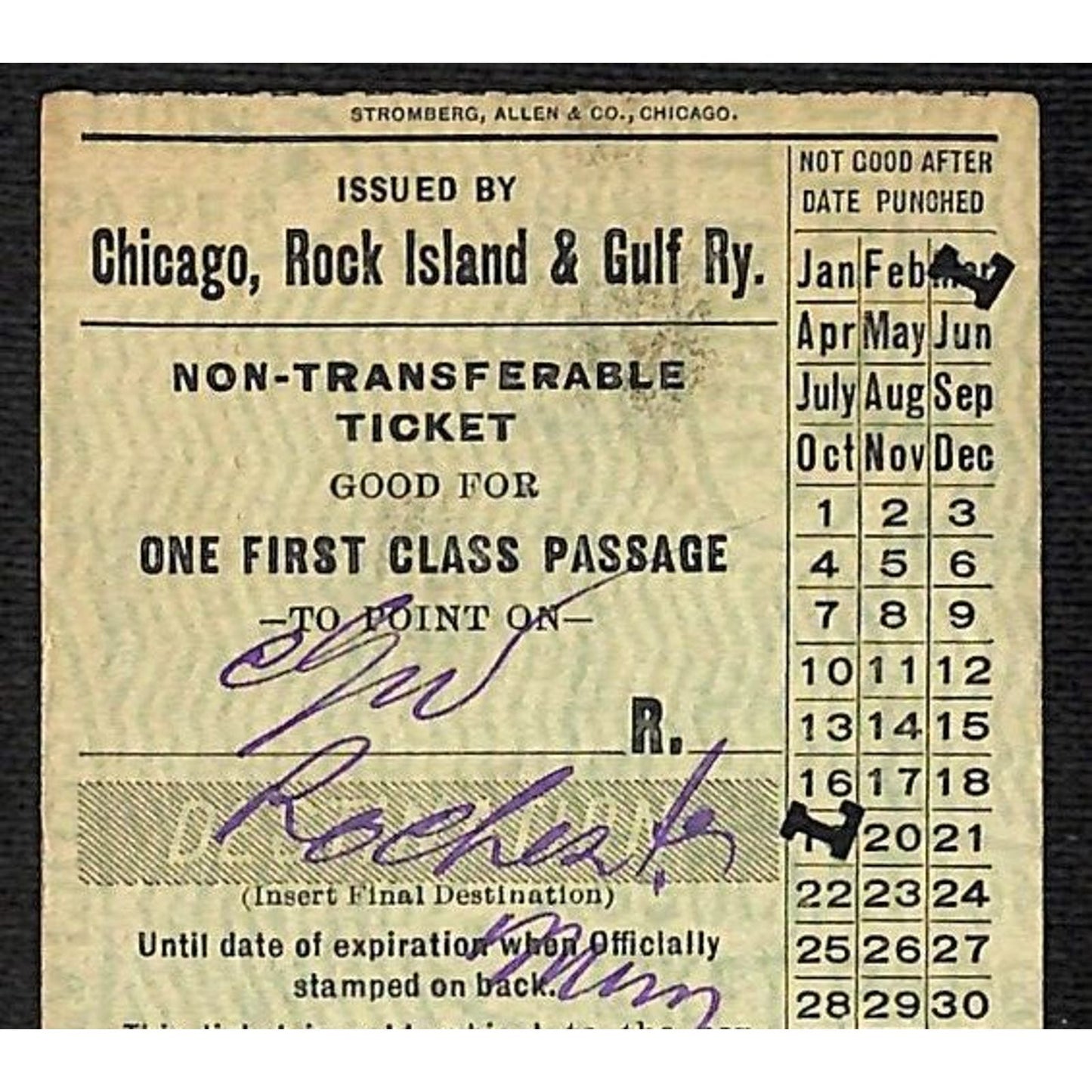 1925 Chicago, Rock Island & Gulf Railway Railroad First Class Ticket