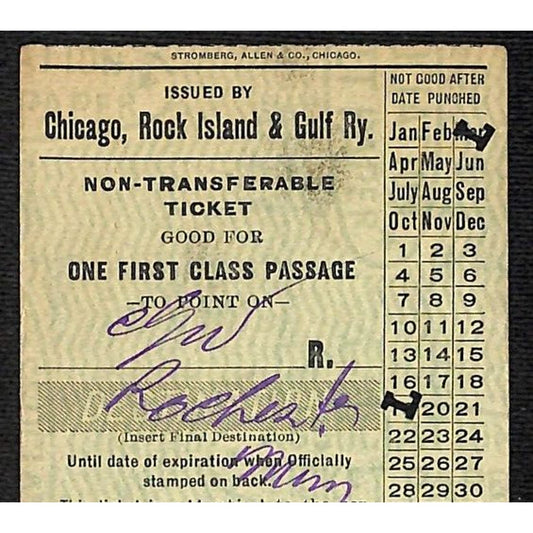 1925 Chicago, Rock Island & Gulf Railway Railroad First Class Ticket